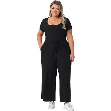 Women's Plus Size 2 Piece Square Neck Short Sleeve Bodysuit Top Wide Leg Pants Set Outfit Body Suit