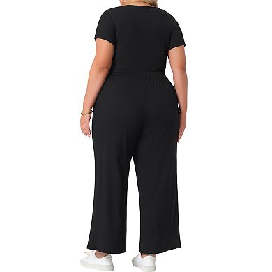 Women's Plus Size 2 Piece Square Neck Short Sleeve Bodysuit Top Wide Leg Pants Set Outfit Body Suit