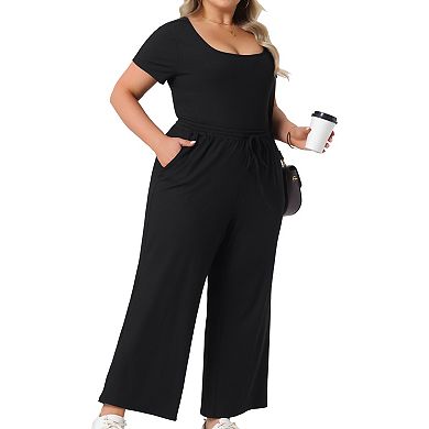 Women's Plus Size 2 Piece Square Neck Short Sleeve Bodysuit Top Wide Leg Pants Set Outfit Body Suit