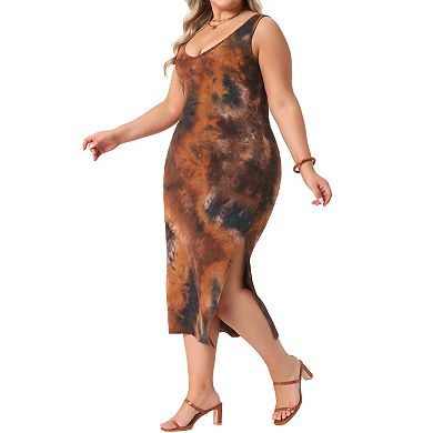 Plus Size Dress for Women Casual V Neck Sleeveless Tie Dye Midi Beach Sundress Tank Dresses