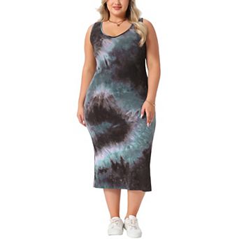 Plus Size Dress for Women Casual V Neck Sleeveless Tie Dye Midi Beach Sundress Tank Dresses