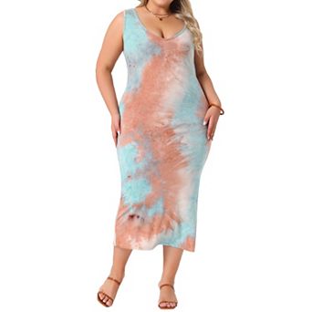 Plus Size Dress for Women Casual V Neck Sleeveless Tie Dye Midi Beach Sundress Tank Dresses