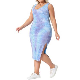 Plus Size Dress for Women Casual V Neck Sleeveless Tie Dye Midi Beach Sundress Tank Dresses