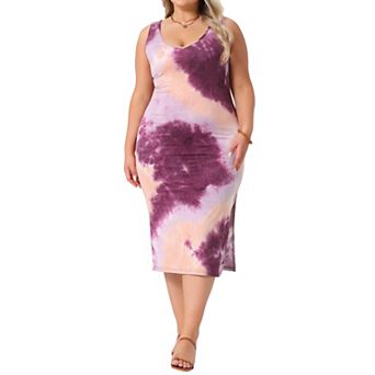 Plus Size Dress for Women Casual V Neck Sleeveless Tie Dye Midi Beach Sundress Tank Dresses