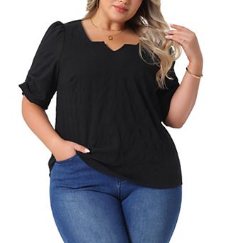 Plus Size Top for Women Pleated Notched V Neck Short Sleeve Tshirt Casual Blouse