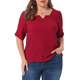 Plus Size Top for Women Pleated Notched V Neck Short Sleeve Tshirt Casual Blouse