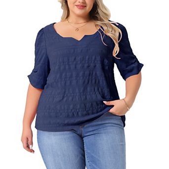 Plus Size Top for Women Pleated Notched V Neck Short Sleeve Tshirt Casual Blouse