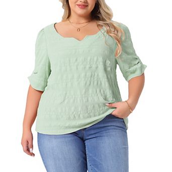 Plus Size Top for Women Pleated Notched V Neck Short Sleeve Tshirt Casual Blouse