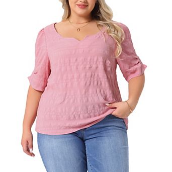 Plus Size Top for Women Pleated Notched V Neck Short Sleeve Tshirt Casual Blouse