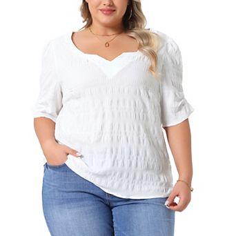 Plus Size Top for Women Pleated Notched V Neck Short Sleeve Tshirt Casual Blouse