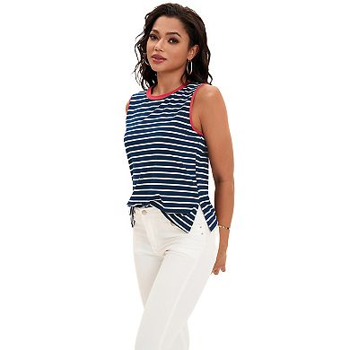 Striped Tank Tops Color Block Side Slits Crewneck Summer Tops Casual Sleeveless Shirts