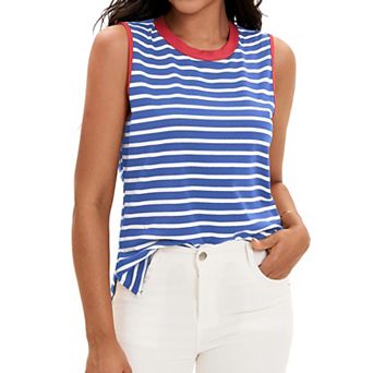 Striped Tank Tops Color Block Side Slits Crewneck Summer Tops Casual Sleeveless Shirts