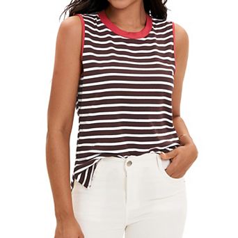 Striped Tank Tops Color Block Side Slits Crewneck Summer Tops Casual Sleeveless Shirts
