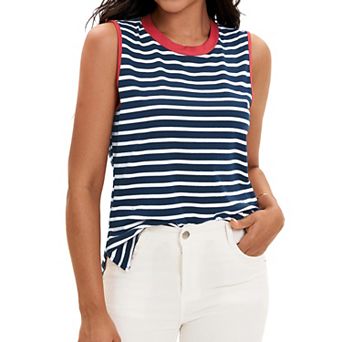 Striped Tank Tops Color Block Side Slits Crewneck Summer Tops Casual Sleeveless Shirts