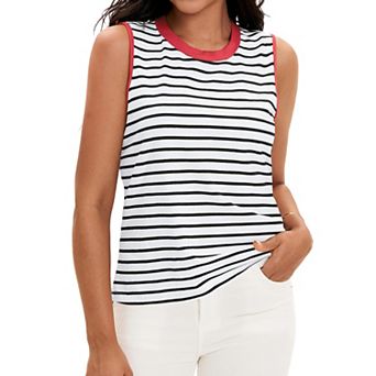 Striped Tank Tops Color Block Side Slits Crewneck Summer Tops Casual Sleeveless Shirts