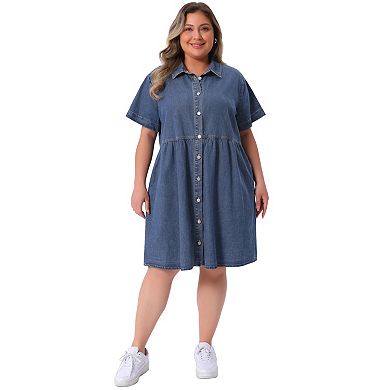 Women's Plus Size Denim Dress Babydoll Tiered Short Sleeve Button Down Jean Shirt Dresses