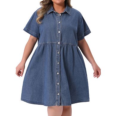 Women's Plus Size Denim Dress Babydoll Tiered Short Sleeve Button Down Jean Shirt Dresses