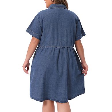 Women's Plus Size Denim Dress Babydoll Tiered Short Sleeve Button Down Jean Shirt Dresses