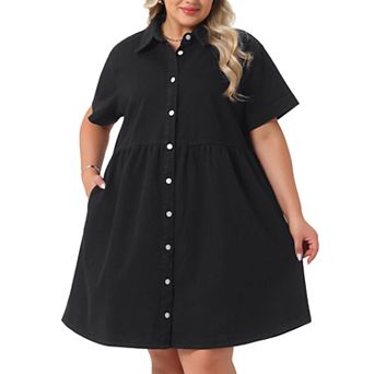 Women's Plus Size Denim Dress Babydoll Tiered Short Sleeve Button Down Jean Shirt Dresses
