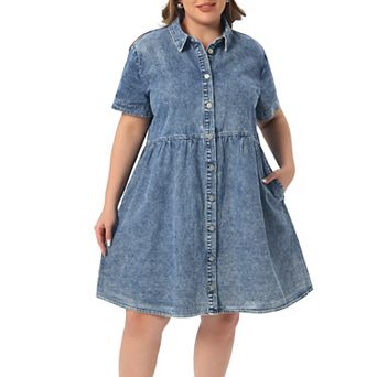 Women's Plus Size Denim Dress Babydoll Tiered Short Sleeve Button Down Jean Shirt Dresses