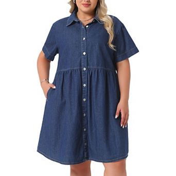 Women's Plus Size Denim Dress Babydoll Tiered Short Sleeve Button Down Jean Shirt Dresses