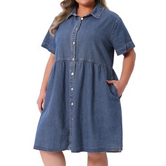 Women's Plus Size Denim Dress Babydoll Tiered Short Sleeve Button Down Jean Shirt Dresses
