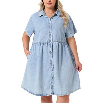Women's Plus Size Denim Dress Babydoll Tiered Short Sleeve Button Down Jean Shirt Dresses