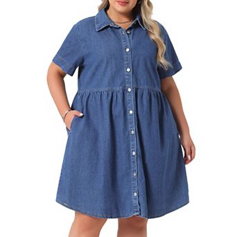 Women's Plus Size Denim Dress Babydoll Tiered Short Sleeve Button Down Jean Shirt Dresses