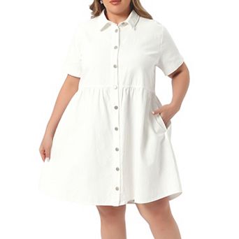 Women's Plus Size Denim Dress Babydoll Tiered Short Sleeve Button Down Jean Shirt Dresses