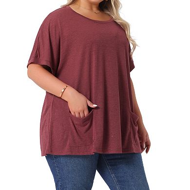 Plus Size Women's Crew Neck Short Sleeve Tops Loose Fit Summer T-Shirt Tee Tops with Pocket Casual