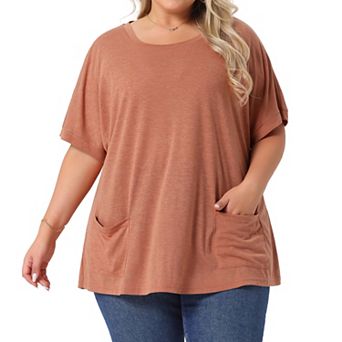 Plus Size Women's Crew Neck Short Sleeve Tops Loose Fit Summer T-Shirt Tee Tops with Pocket Casual