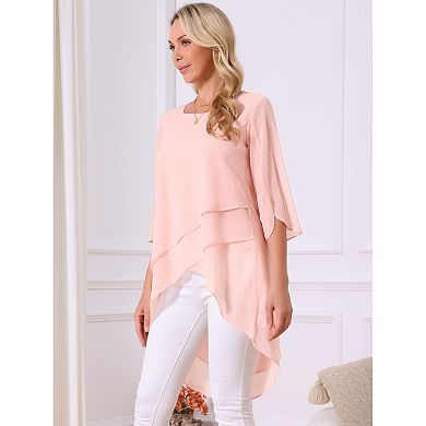 Women's High Low Tops Scoop Neck Chiffon Blouse Asymmetrical Loose Shirt 3/4 Sleeve Casual Tops