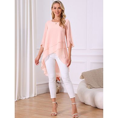 Women's High Low Tops Scoop Neck Chiffon Blouse Asymmetrical Loose Shirt 3/4 Sleeve Casual Tops