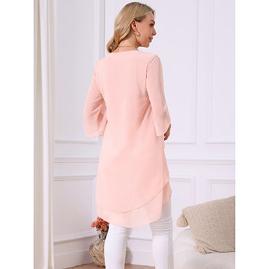 Women's High Low Tops Scoop Neck Chiffon Blouse Asymmetrical Loose Shirt 3/4 Sleeve Casual Tops