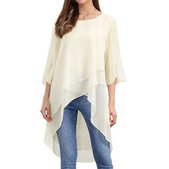 Women's High Low Tops Scoop Neck Chiffon Blouse Asymmetrical Loose Shirt 3/4 Sleeve Casual Tops