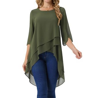 Women's High Low Tops Scoop Neck Chiffon Blouse Asymmetrical Loose Shirt 3/4 Sleeve Casual Tops