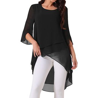 Women's High Low Tops Scoop Neck Chiffon Blouse Asymmetrical Loose Shirt 3/4 Sleeve Casual Tops
