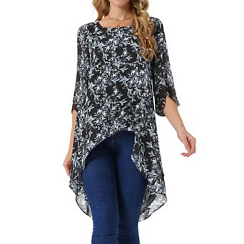 Women's High Low Tops Scoop Neck Chiffon Blouse Asymmetrical Loose Shirt 3/4 Sleeve Casual Tops