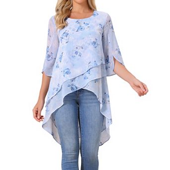 Women's High Low Tops Scoop Neck Chiffon Blouse Asymmetrical Loose Shirt 3/4 Sleeve Casual Tops