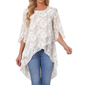 Women's High Low Tops Scoop Neck Chiffon Blouse Asymmetrical Loose Shirt 3/4 Sleeve Casual Tops