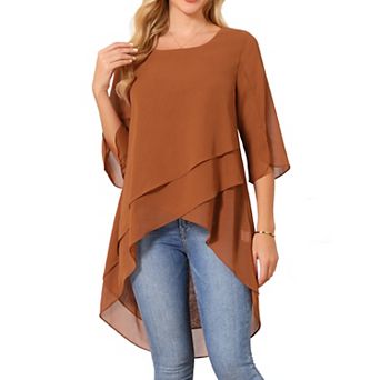 Women's High Low Tops Scoop Neck Chiffon Blouse Asymmetrical Loose Shirt 3/4 Sleeve Casual Tops
