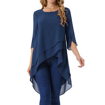 Women's High Low Tops Scoop Neck Chiffon Blouse Asymmetrical Loose Shirt 3/4 Sleeve Casual Tops
