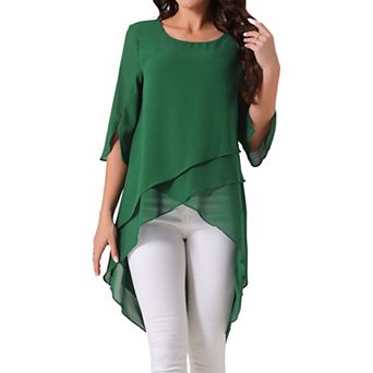 Women's High Low Tops Scoop Neck Chiffon Blouse Asymmetrical Loose Shirt 3/4 Sleeve Casual Tops
