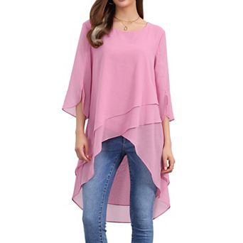 Women's High Low Tops Scoop Neck Chiffon Blouse Asymmetrical Loose Shirt 3/4 Sleeve Casual Tops