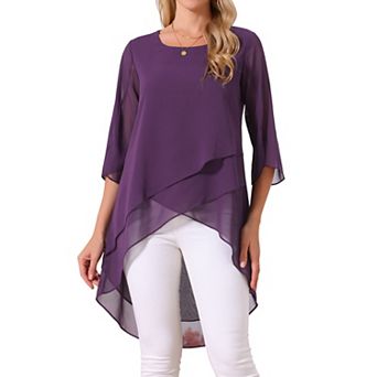 Women's High Low Tops Scoop Neck Chiffon Blouse Asymmetrical Loose Shirt 3/4 Sleeve Casual Tops