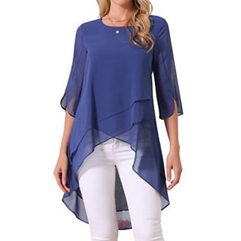 Women's High Low Tops Scoop Neck Chiffon Blouse Asymmetrical Loose Shirt 3/4 Sleeve Casual Tops