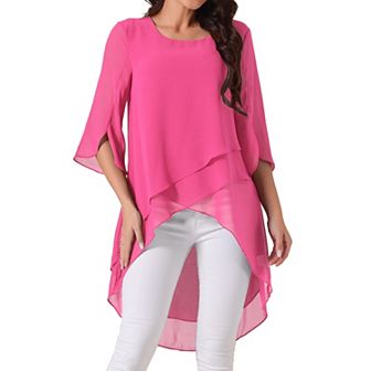 Women's High Low Tops Scoop Neck Chiffon Blouse Asymmetrical Loose Shirt 3/4 Sleeve Casual Tops