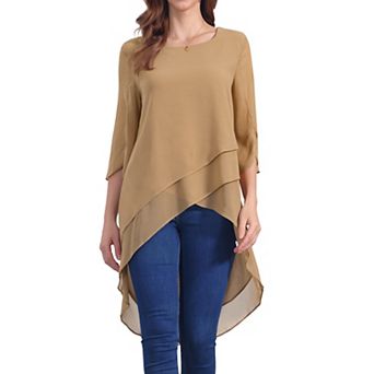 Women's High Low Tops Scoop Neck Chiffon Blouse Asymmetrical Loose Shirt 3/4 Sleeve Casual Tops