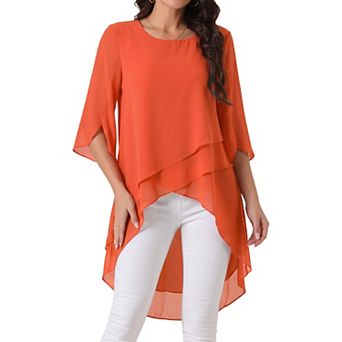 Women's High Low Tops Scoop Neck Chiffon Blouse Asymmetrical Loose Shirt 3/4 Sleeve Casual Tops
