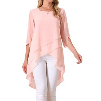 Women's High Low Tops Scoop Neck Chiffon Blouse Asymmetrical Loose Shirt 3/4 Sleeve Casual Tops